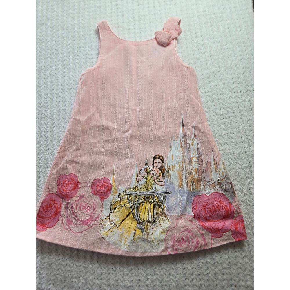 Disney Belle Beauty and the Beast Pink Dobby Stripe Dress Girls 4T Rose Castle